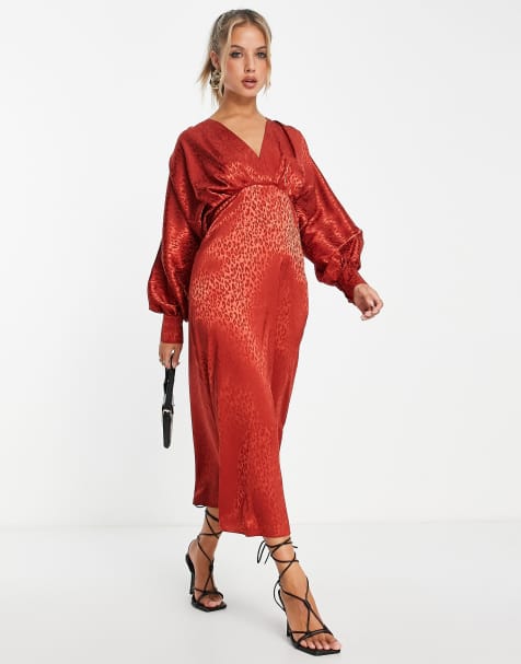 Flounce London Maternity wrap front midi dress with flutter sleeves in red  satin