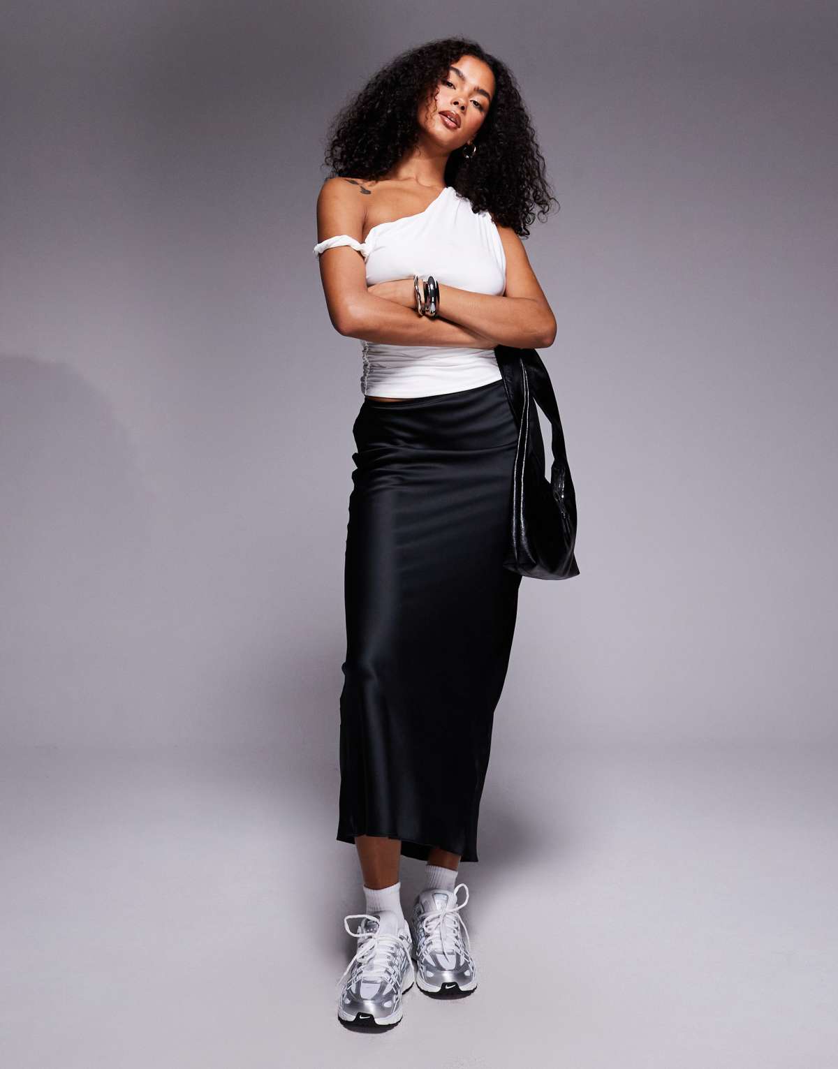 River Island satin maxi skirt in black