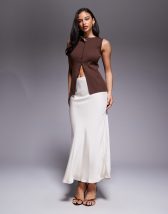 Vila satin maxi skirt in olive green