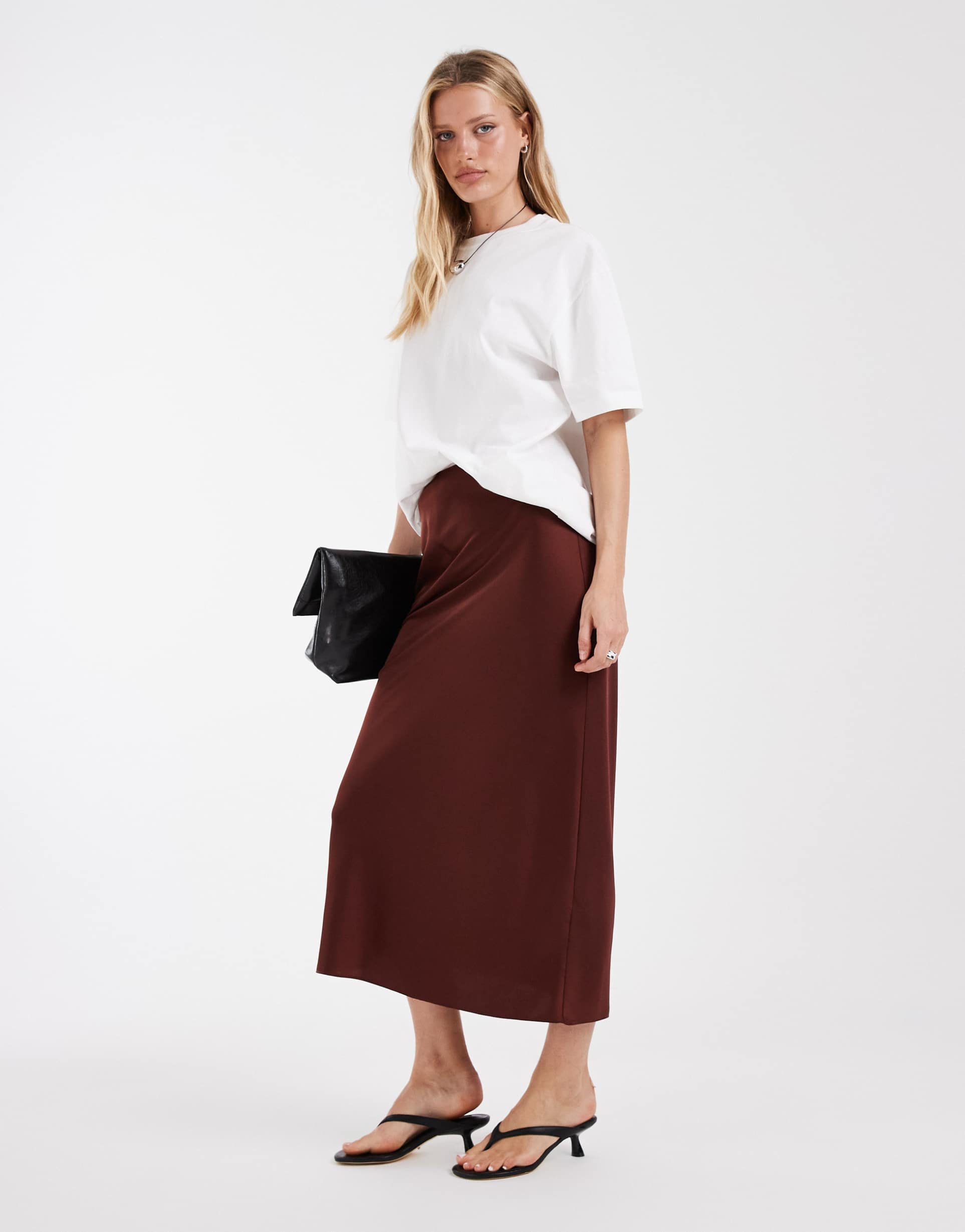 river island satin maxi skirt in dark brown