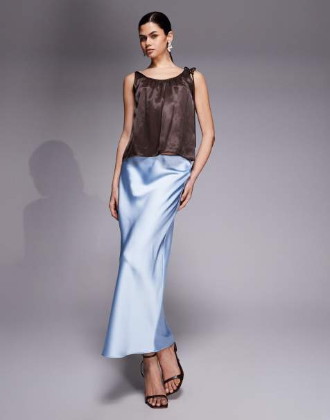 River Island satin maxi skirt in light blue - view 1