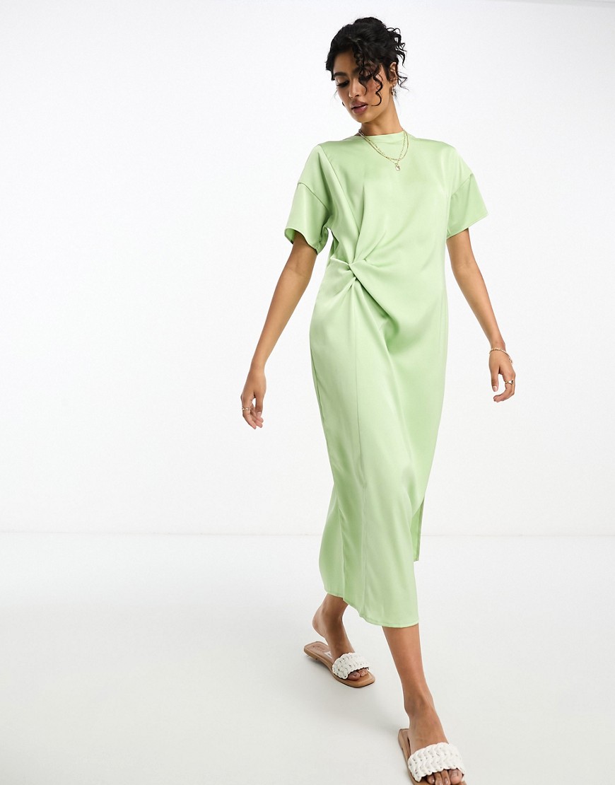 River Island Satin Midi Dress With Knot Detail In Green