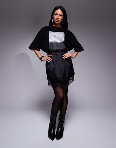River Island satin mini skirt with lace trim in black - view 1