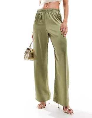 River Island Satin Palazzo Wide Leg Pants In Green