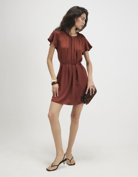 River Island Satin pleat neck mini dress in rust - view 1