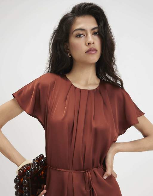 River Island Satin pleat neck mini dress in rust, 2 of 4