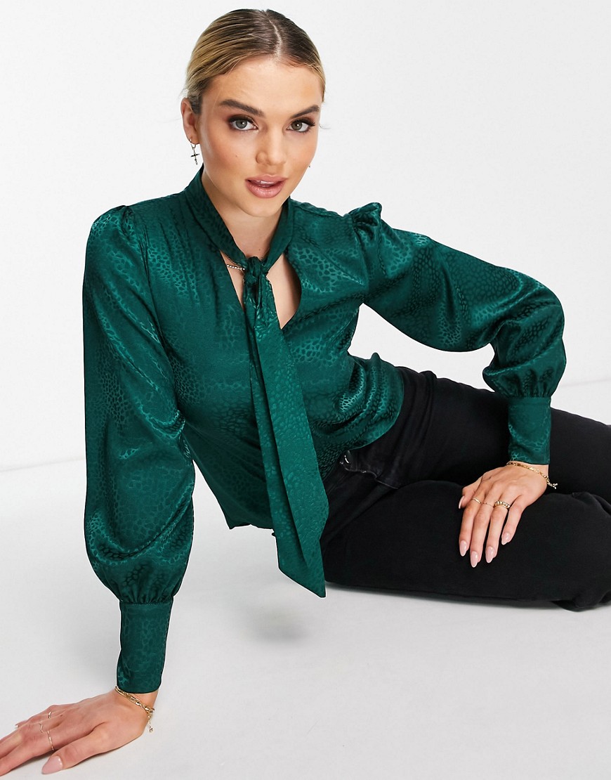 River Island satin pussybow blouse in green