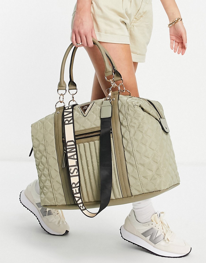 River Island satin quilted holdall bag in light green