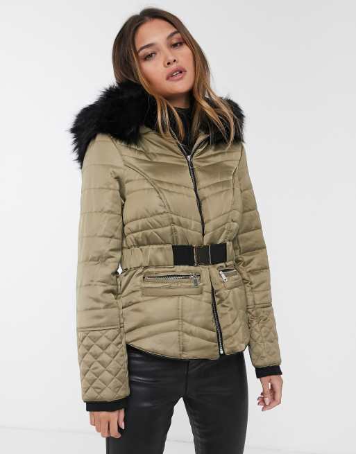 River Island satin quilted jacket with faux fur hood in khaki