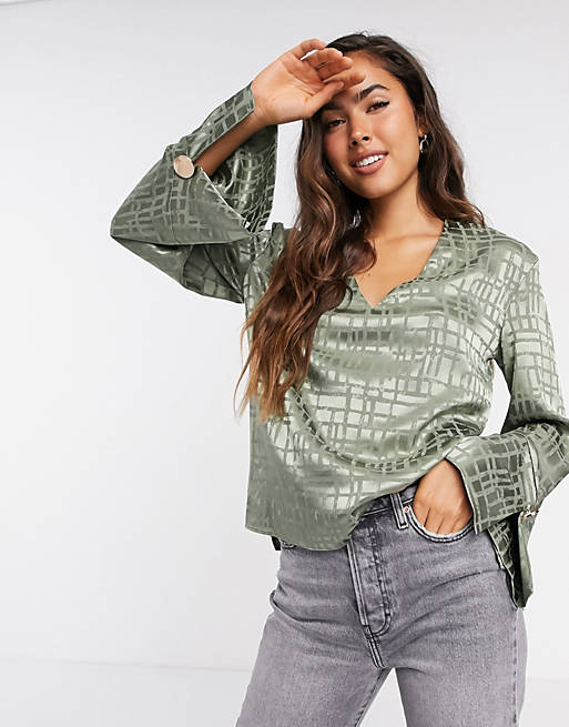 River Island satin relaxed luxe v-neck blouse in sage