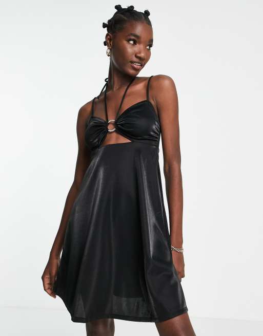 Urban Threads flippy satin mini dress in black daisy print