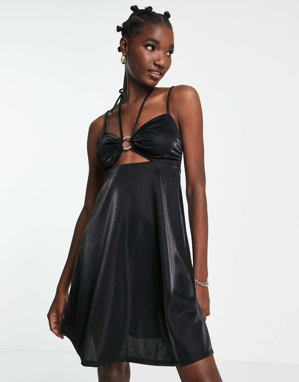 River Island satin ring detail cami mini dress in black