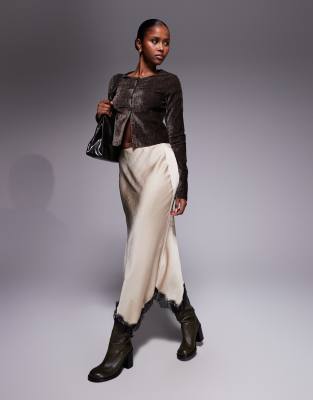 River Island - Satin-Rock in Beige mit Spitzendetail-Neutral