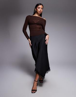 River Island - Satin-Rock in Schwarz mit Spitzendetail