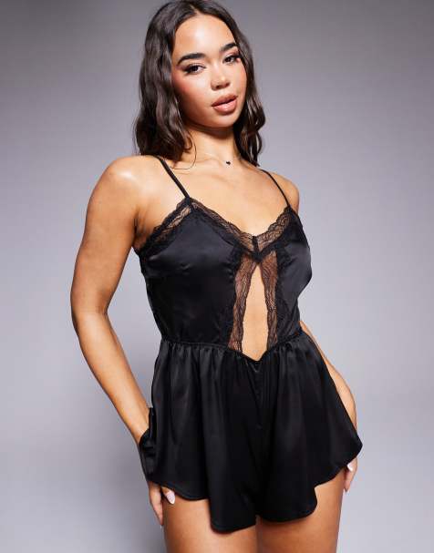 River Island satin romper with lace detail in black - view 1