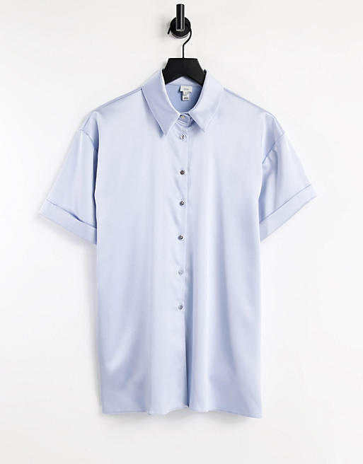 Women River Island satin short sleeved co-ord shirt in blue 