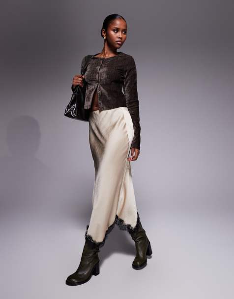 River Island satin skirt with lace detail in beige