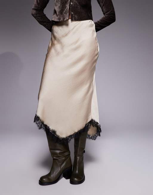 River Island satin skirt with lace detail in beige, 4 of 5