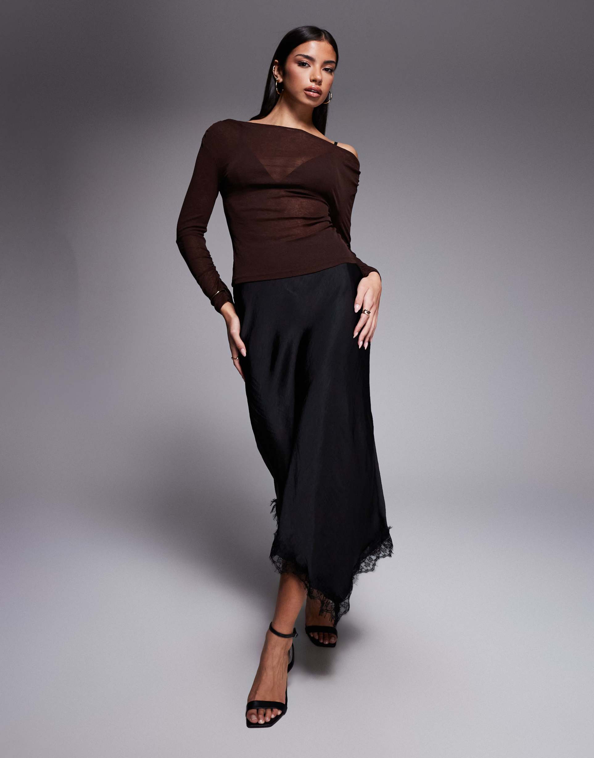 river island satin skirt with lace detail in black
