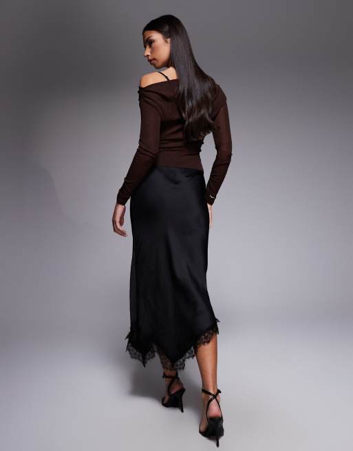 River Island satin skirt with lace detail in black, 2 of 5