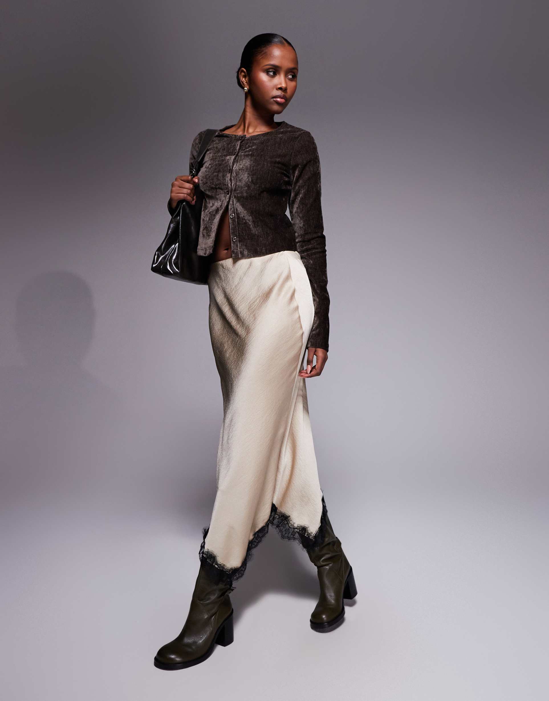 river island satin skirt with lace detailing in beige