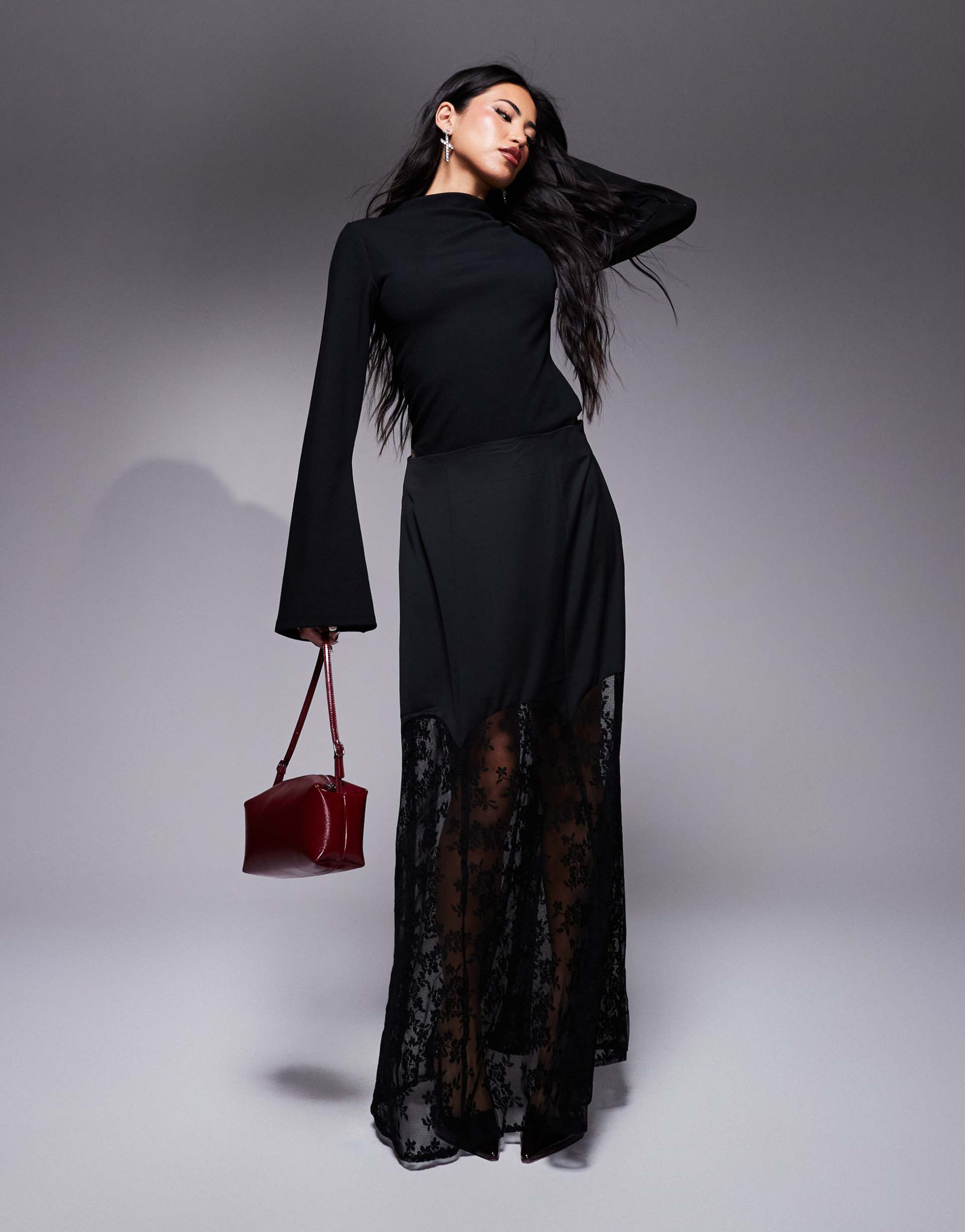 river island satin skirt with lace hem in black