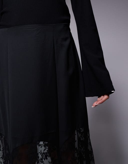 River Island satin skirt with lace hem in black, 3 of 5