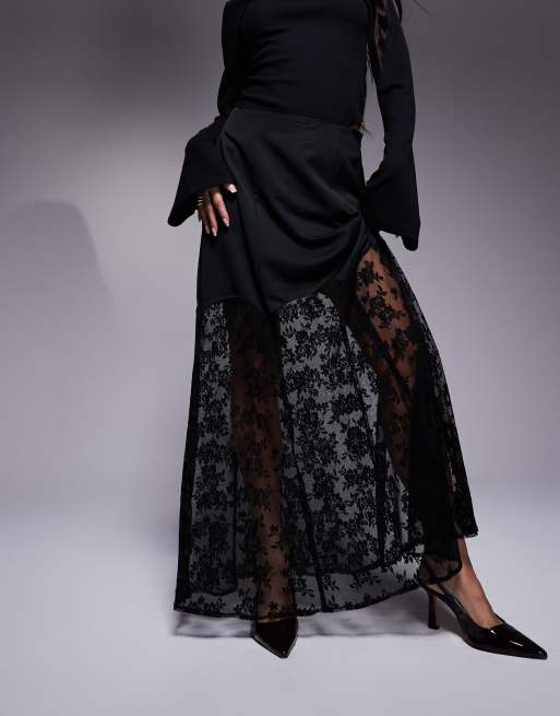 River Island satin skirt with lace hem in black, 5 of 5