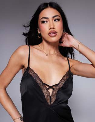 RIVER ISLAND SATIN SLIP DRESS WITH LACE DETAIL 