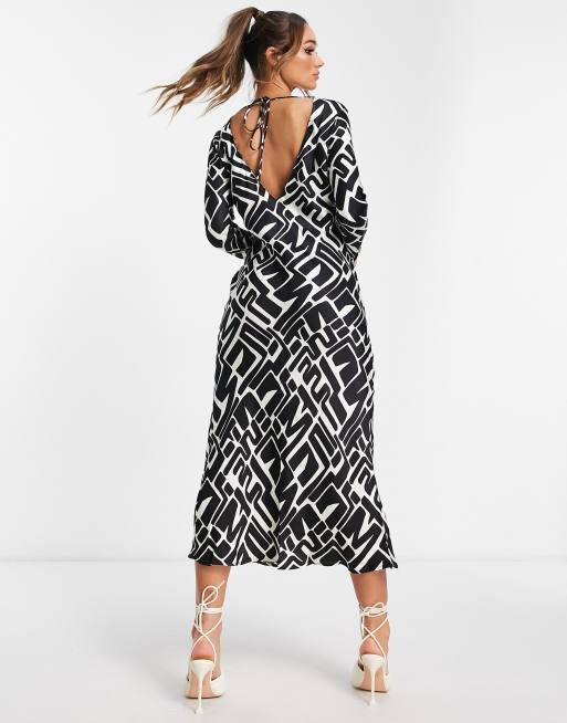 River Island satin slip maxi dress in black and white geometric print, 2 of 4