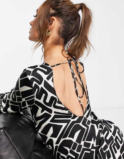 River Island satin slip maxi dress in black and white geometric print