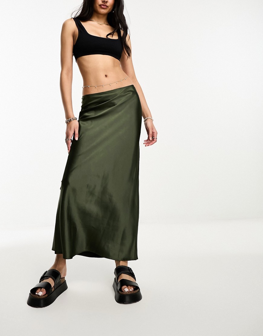 Shop River Island Satin Slip Maxi Skirt In Khaki-green