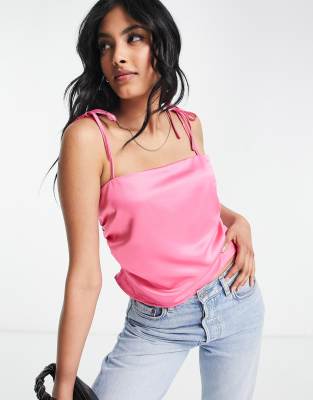 River Island satin square neck cami in pink | ASOS