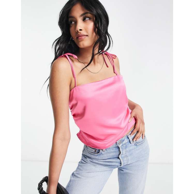 River Island satin square neck cami in pink