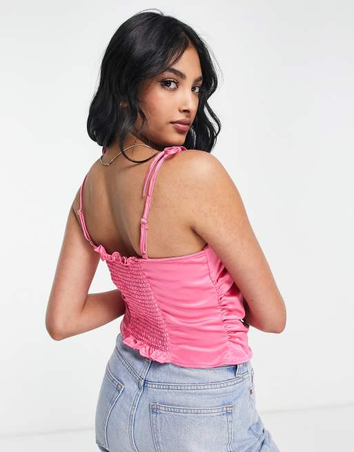 River Island satin square neck cami in pink | ASOS