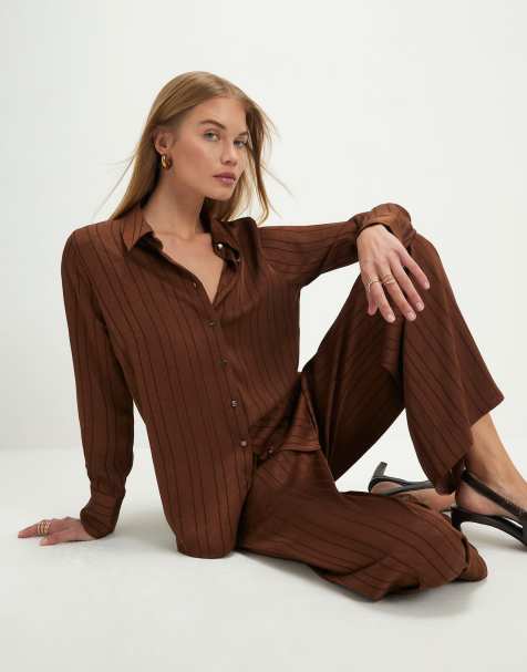 River Island Satin striped crinkle blouse in brown - view 1