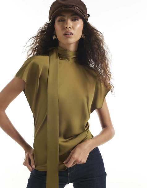 River Island Satin tie neck sleeveless blouse in khaki - view 1