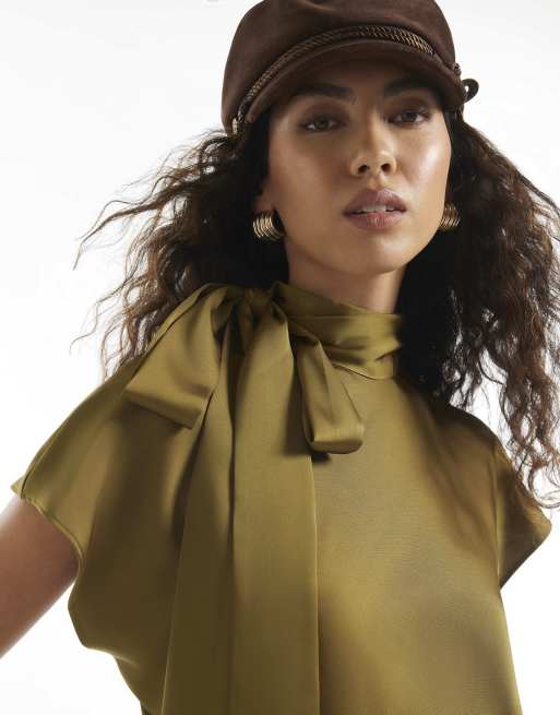River Island Satin tie neck sleeveless blouse in khaki, 2 of 4