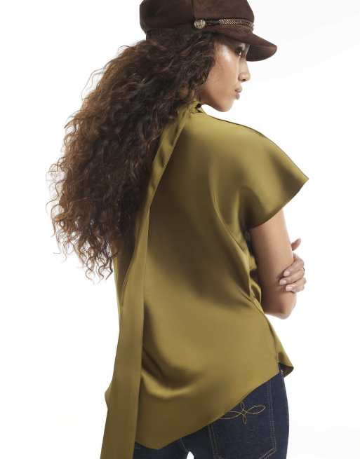 River Island Satin tie neck sleeveless blouse in khaki, 4 of 4