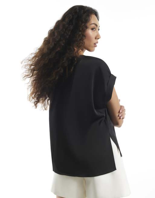 River Island Satin turn back cuff blouse in black, 2 of 4