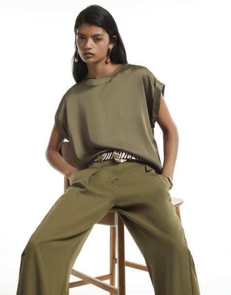River Island Satin turn back cuff blouse in khaki
