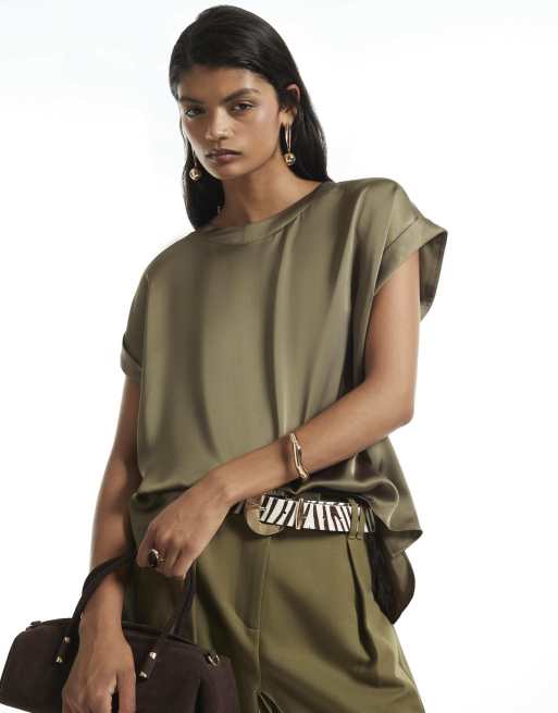 River Island Satin turn back cuff blouse in khaki, 2 of 4