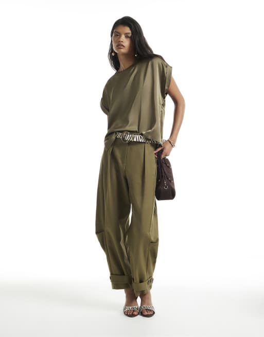 River Island Satin turn back cuff blouse in khaki, 3 of 4