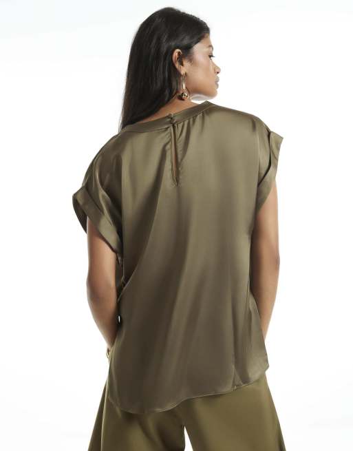 River Island Satin turn back cuff blouse in khaki, 4 of 4