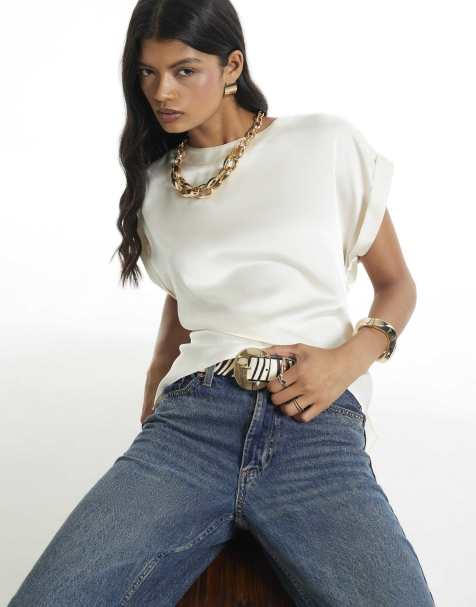 River Island Satin turn back cuff blouse in white - view 1