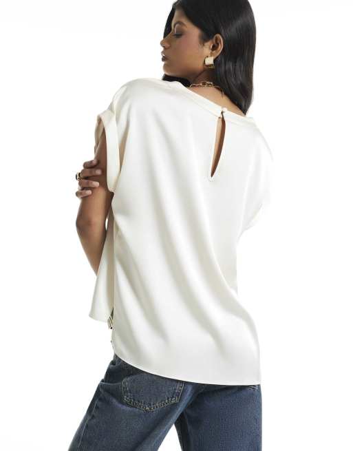 River Island Satin turn back cuff blouse in white, 4 of 4