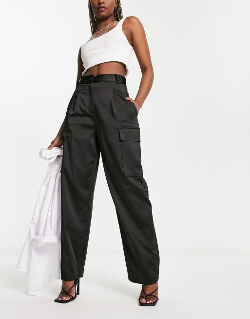 River Island satin utility cargo pants in black