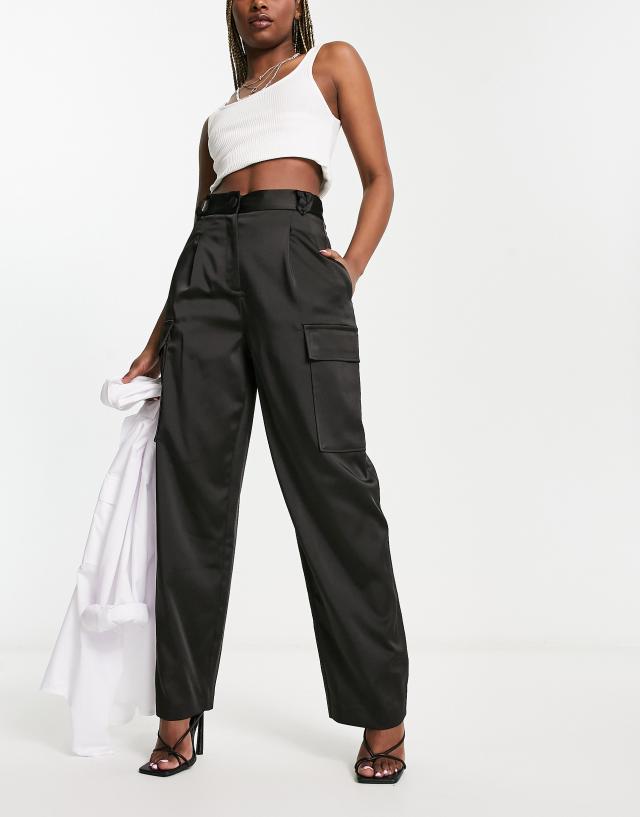 River Island - satin utility cargo trouser in black