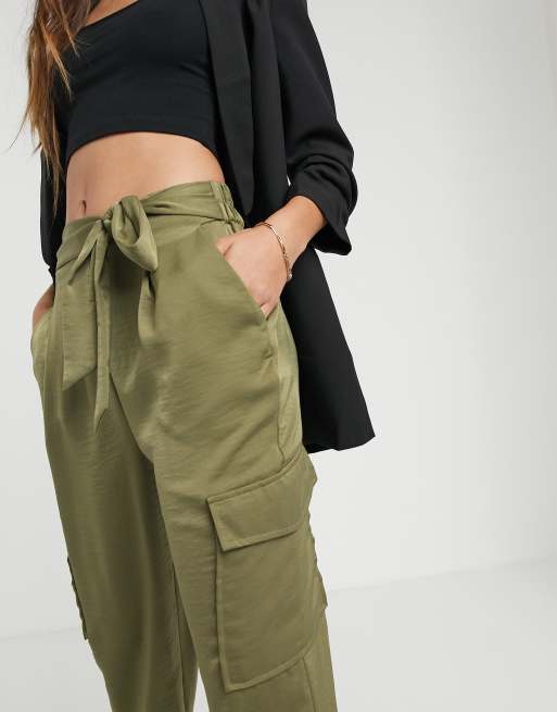 River Island satin utility joggers in khaki ASOS