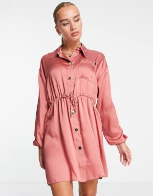 River Island satin utility mini shirt dress in brown